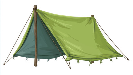 An illustration of a simple A-frame camping tent. The tent is primarily lime green with a dark green back panel. It has a single central wooden support pole. The tent is shown against a plain white