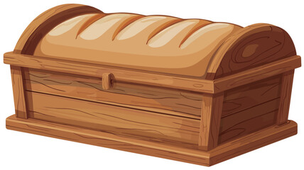 A digital illustration depicting a loaf of bread sitting inside a wooden chest. The chest is brown with a curved top and simple design.  The bread is light brown with visible scoring lines,