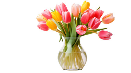 A clear glass vase filled with a colorful bouquet of tulips against a black background in a studio shot