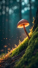 Magical glowing mushroom in a mystical enchanted forest at night with bokeh lights