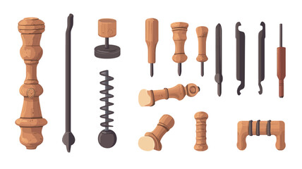 The image shows a collection of various antique tools arranged on a white background.  The tools are primarily made of wood and metal.  The wooden tools feature turned wooden handles
