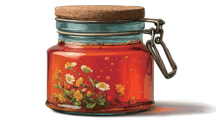 Close-up studio shot of a glass jar filled with amber honey. The jar has a square-ish body, a cork lid, and a metal clasp. A floral design featuring small yellow and white flowers, possibly