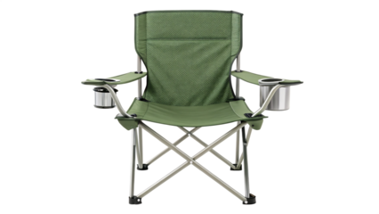 Comfortable green camping chair with cup holders isolated on transparent background, perfect for outdoor activities and relaxation
