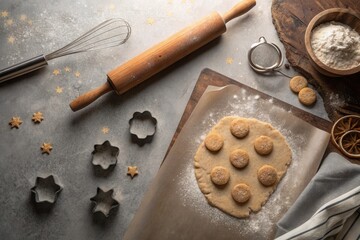 Overhead view of a rustic kitchen counter with raw cookie dough,