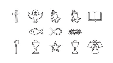 Collection of christian symbols and religious icons in a silhouette style