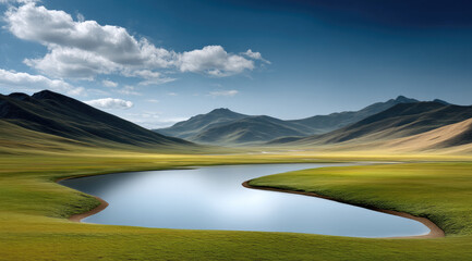 Serene mountain landscape with clear river, green grass, blue sky, and distant peaks under soft clouds