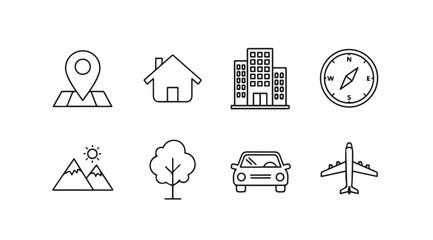 Fototapeta premium Collection of travel and location icons in a simple silhouette style