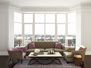 Classic interior room with moulding,ornated cornice and big window.Sofa and chairs in beige and pink colors,sidetables with lamps,table with decor