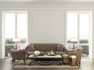 Classic interior room with moulding,ornated cornice and big windows.Sofa and chairs in beige an pink colors,sidetables with lamps,table with decor