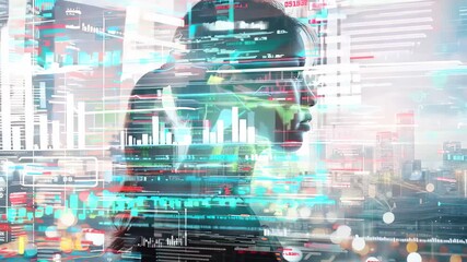 A futuristic businesswoman analyzes data amidst digital graphics, embodying innovation and technology in finance. Ideal for concepts of progress and growth. - Powered by Adobe