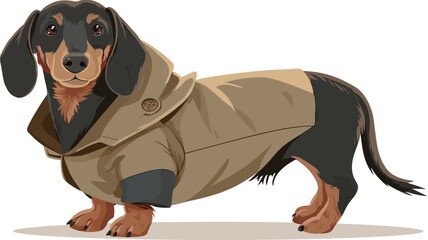 A vector illustration of a dachshund wearing a beige coat. The dog is depicted in a standing position against a white background. The illustration style is cartoonish, with smooth lines and