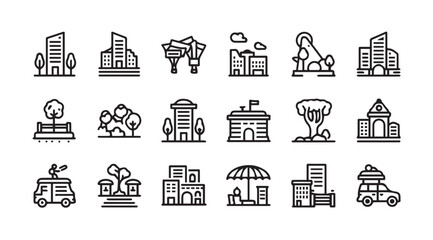 Collection of urban cityscape buildings and vehicles silhouette icons