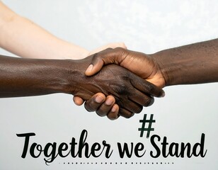 Diverse hands clasped in a handshake, with the words "Together we stand" superimposed
