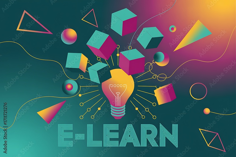 Aufkleber e- learn text with abstract geometric shapes and a glowing lightbulb on a gradient background e-lear