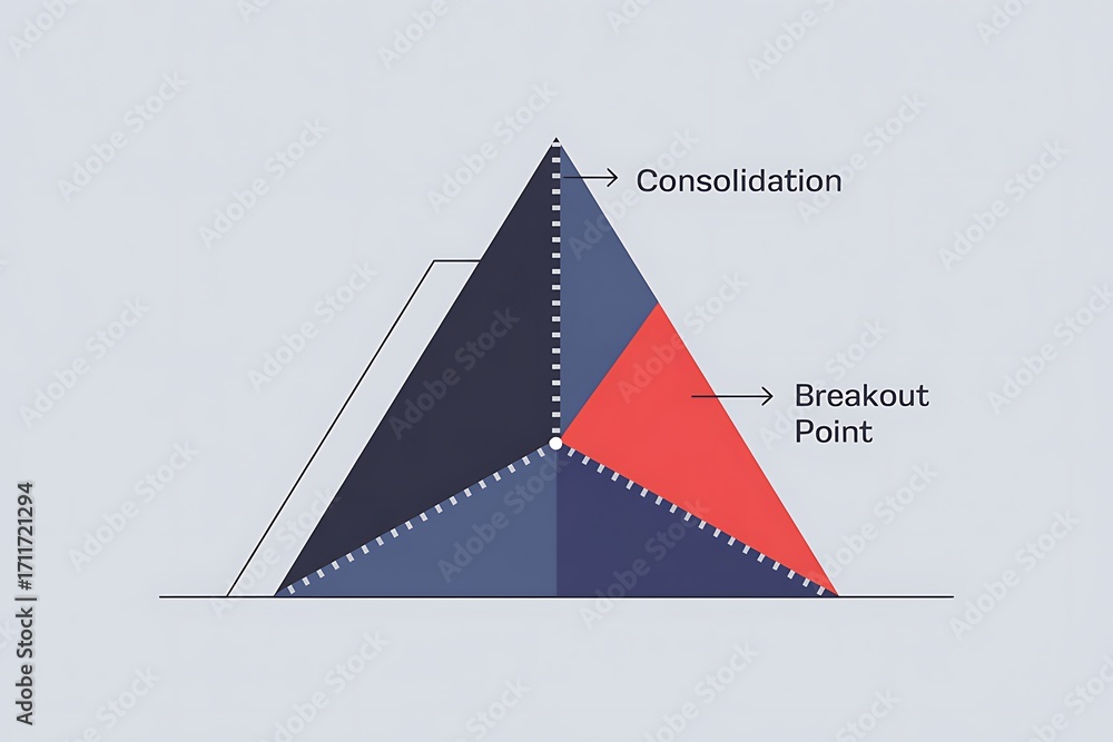 Poster stylized triangular diagram illustrating consolidation and breakout point with colored sections tria
