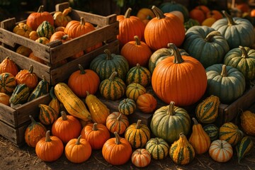 Pumpkins and gourds overflowing from wooden crates at farmers market