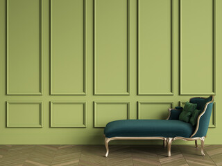 Classic chaise longue in emerald green and gold color in classic interior with copy space
