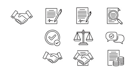 Collection of business and legal icons in a clean silhouette style