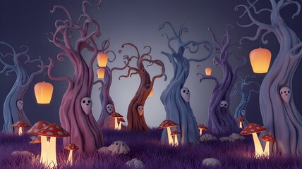Surreal Halloween forest with twisted colorful trees, floating lanterns, glowing mushrooms, and whimsical spirits in magical eerie scene