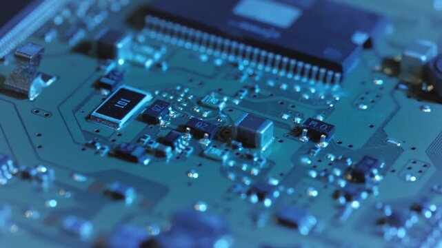 Detailed close-up shot of an electronic circuit board with microchip and components under blue light, showing modern technology, innovation, and digital hardware concept.