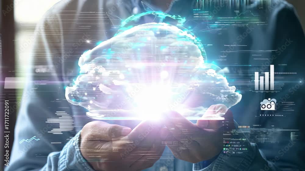 Poster a young man manifests digital cloud technology in his hands, symbolizing the connection of innovatio