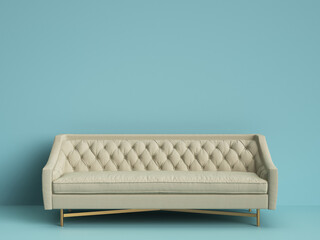 Classic tufted sofa ivory color on blue background with copy space