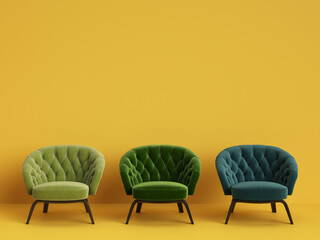 3 Classic tufted chairs in different green colors on yellow background with copy space