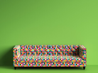 Classic tufted sofa in multicolor patches fabric on green background with copy space