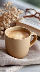 A cozy morning scene with a latte in a ceramic mug, an open book, and dried flowers