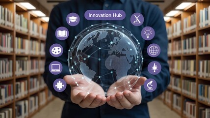 Hands holding translucent globe with violet creative and educational icons and “INNOVATION HUB” label in modern learning environment