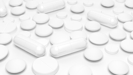 White capsules and tablets isolated on white background. Pills. 3d illustration.