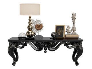 Classic carved table with decor:lamp,coral,frames,books isolated on white background