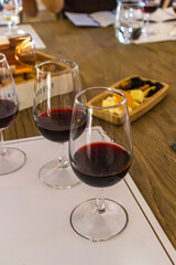 Glasses of red wine served with cheese cubes, dried fruits, and snacks during a professional wine tasting. Close-up shot on a wooden table in a winery or tasting room. Perfect for illustrating wine