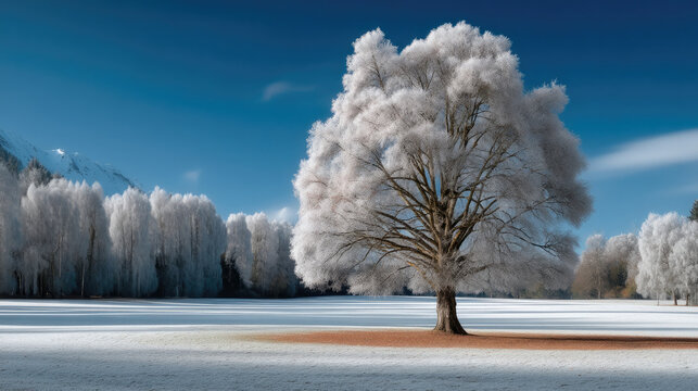 Frosty tree winter landscape snow blue sky nature tranquil serene cold peaceful field