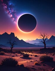 A dramatic solar eclipse over a desert landscape