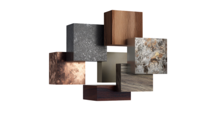 Abstract composition of various stone and wood cubes
