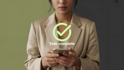 Professional woman holding smartphone with glowing green task complete check mark icon on olive to charcoal gradient background