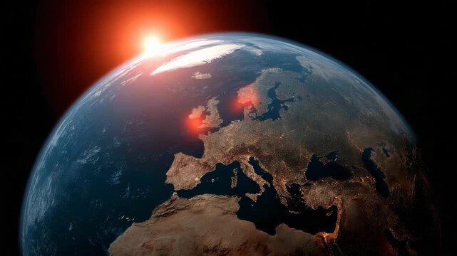 A planet with a sun in the sky. The sun is on the right side of the planet. Globe with red heat spot over Iberian Peninsula, minimal conceptual heatwave Spain, Europe context