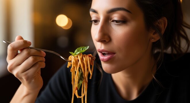 A woman eating spaghetti with a fork in a restaurant. - Powered by Adobe
