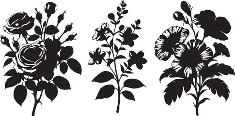 Black and white floral vector art: rose, star flower, and hibiscus silhouettes eps