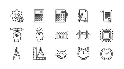 Collection of business and technology icons in a sketchy silhouette style