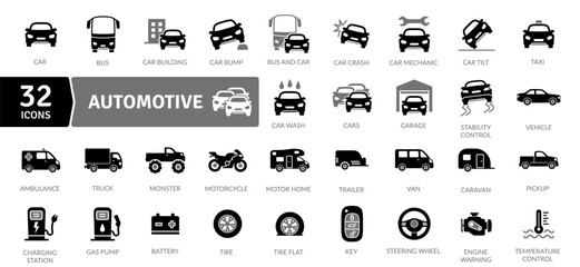 Automotive Icons: Car Parts and Vehicle Symbols. It includes symbols for cars, trucks, motorcycles, repair tools, and fuel stations.