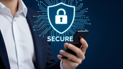 Businessman holding smartphone with glowing blue secure shield lock icon and circuit lines on deep navy gradient background