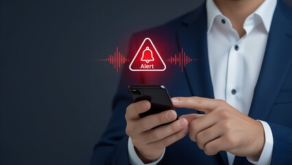 Businessman interacting with smartphone showing vivid red alert bell icon and notification waves on dark gray gradient background