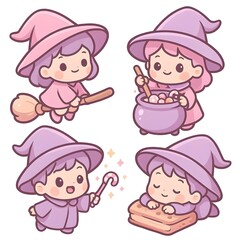 Cute Baby Witch and Wizard Chibi Pastel Halloween Characters
