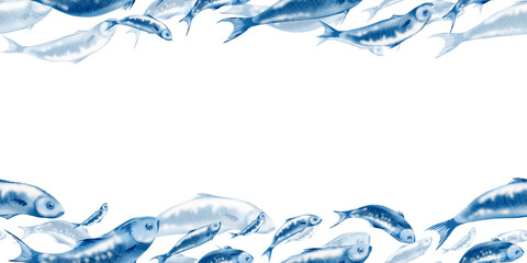 Fototapeta premium Sardine fish in horizontal seamless template swimming in a shoal stylized watercolor illustration in monochrome blue and white for fish restaurants, websites, posters, fish markets and stores