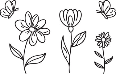 Flower and butterfly line art vector: floral outline illustration for coloring pages, crafts, and designs eps silhouette