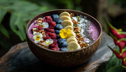 Superfood smoothie bowl topped with fresh fruits in a Bali jungle, tropical wellness dining, colorful health foods