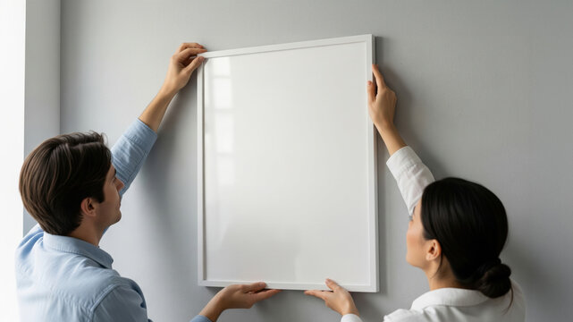 Couple hanging blank white frame mockup on gray wall minimal home interior design template modern lifestyle art print presentation poster canvas display clean concept