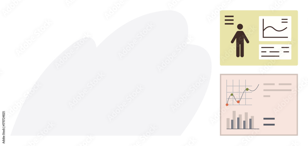 Aufkleber person icon with a line chart and text blocks paired alongside bar and line graphs for data analysis